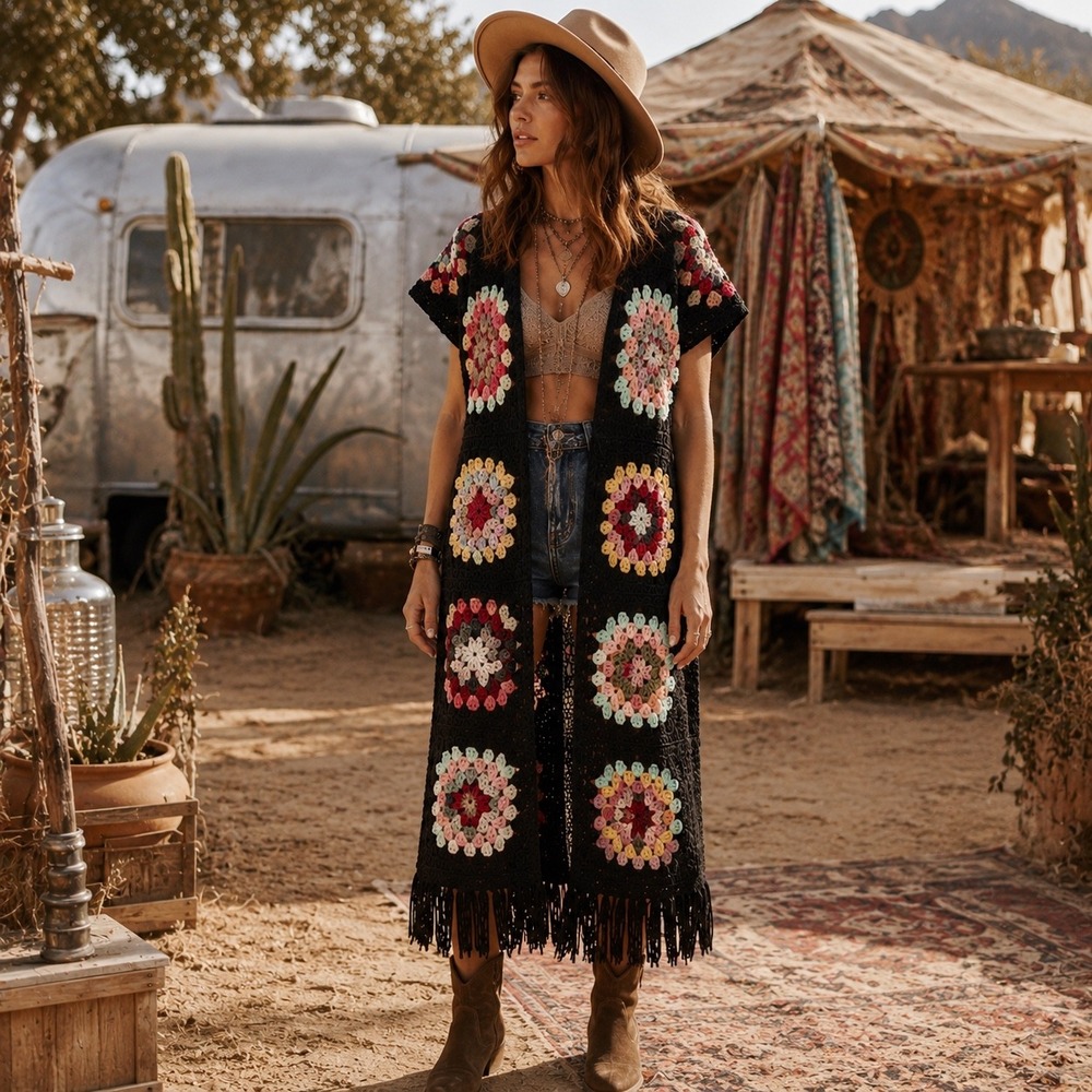Third Piece Granny Square Crochet Vest Women OS Black Multi Boho Fringe Duster